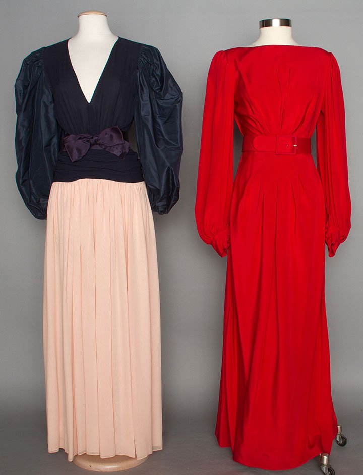 TWO DESIGNER SILK EVENING GOWNS, 1980s: 1 Bill Blass navy chiffon bodice w/ taffeta balloon sleeves, soft pink attached chiffon skirt, satin ribbon belt, B 35", W 28", L 59.5", (2 brown stains on skirt back) very good; 1 Stavropolous cherry