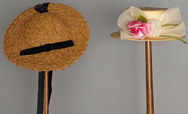 FOUR DESIGNER STRAW HATS, 1940-1960s: All labeled: 1 1940s Schiaparelli straw braid & velvet ribbon pancake hat; 1 1960s Hattie Carnegie 2-tone turban; 1 1950s Orcell Paris tan straw, tall crown & roll brim; 1 1960s Yves Saint Laurent fin