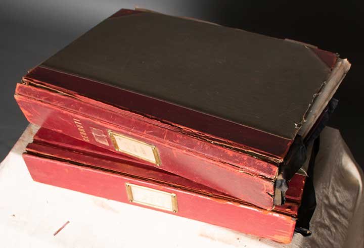 TWO CERUTTI SWATCH BOOKS, 1962 & 1963: Two 14" x 18.5" folios, each w/ over 100 small patterned silk fabric samples for men's pocket squares & neck ties; (some samples unglued, few missing) binders fair, fabric samples excellent.