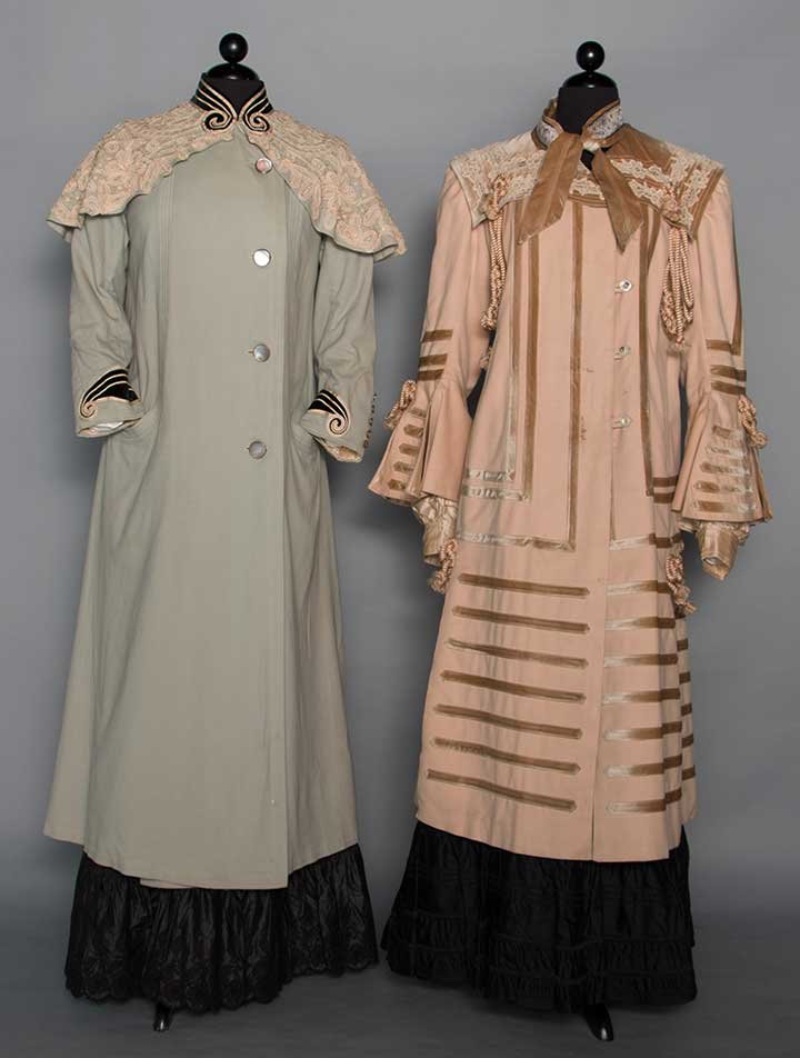 TWO EDWARDIAN WOOL COATS: Both wool flannel: 1 baby blue, Battenburg lace cape collar, m.o.p. buttons, black velvet & white braid trim, B 40", L 50", (moth holes & small stains) fair; 1 beige w/ tan velvet, silk cord, lace & b