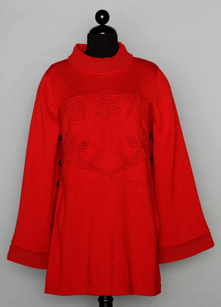 CHANEL M SZ CASHMERE KNIT TUNIC, 2000s: Red w/ raised Chinese characters, flowers & CC logo across chest, row of 5 pewter logo buttons on either side, wide bell sleeves, horizontally ribbed cuffs & mock turtleneck bands, labeled, marked Fre