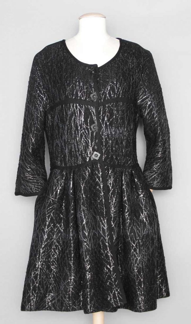 CHANEL LG SZ SWEATER COAT, 2000s: Black wool knit in basket-weave pattern, painted design of gray tree branches, drop waist, gathered peplum skirt w/ 2 side pockets, square matte black logo buttons, labeled, marked French size 46 (US 