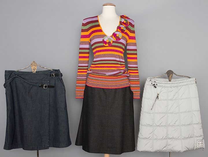 FOUR CHANEL SEPARATES, c. 2000: All labeled: 3 short skirts, 1 silver grey quilted, metal zipper pocket, full length zipper side seam, toggle waist ties, FR size 38 (US 4), 1 charcoal grey wool twill A-line FR size 42 (US 8), 1 dung