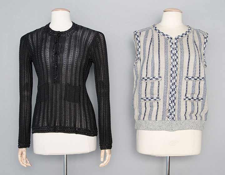 TWO CHANEL M SZ SWEATERS, 1990s: Both labeled & French size 44 (US 10): 1 linen, cotton & silk woven sweater vest in tan & navy striped patterns, trimmed w/ small black & white sequins, zipper front, L 24"; 1 cotton & rayon black kni