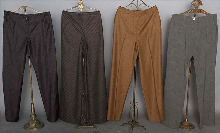 FOUR PAIR CHANEL PANTS, c. 2000: All light weight wools, labeled, & w/ boot cut legs: 1 charcoal w/ diagonal pinstripes, FR size 40 (US 6); 1 golden brown, FR size 44 (US 10); 1 light grey & 1 charcoal, both FR size 46 (US 12) excell
