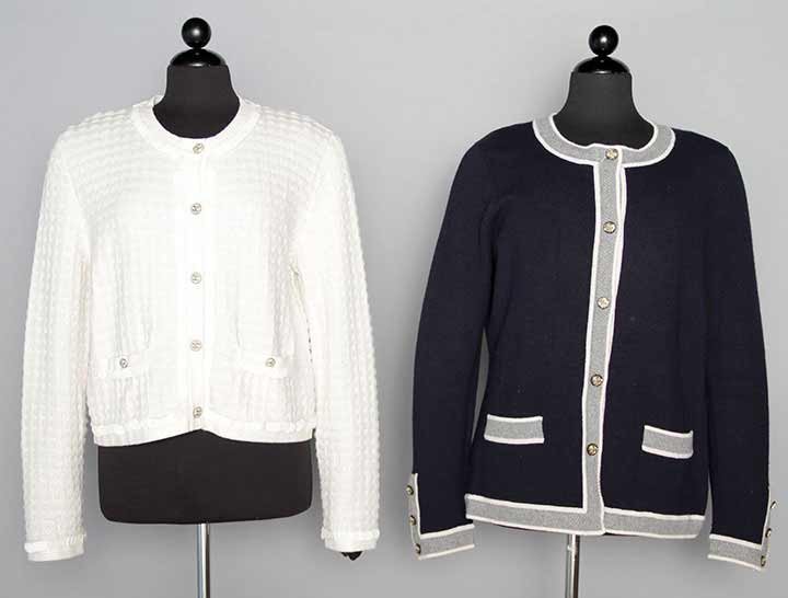 TWO CHANEL CASHMERE SWEATERS, L & XL, 2000s: Both knit cardigans & labeled: 1 cashmere blend, white w/ irridescent yarn, gold logo buttons & large white sequins, marked FR size 50 (US 16), L 23", (sequin losses) very good; 1 navy cashmere w/ gra