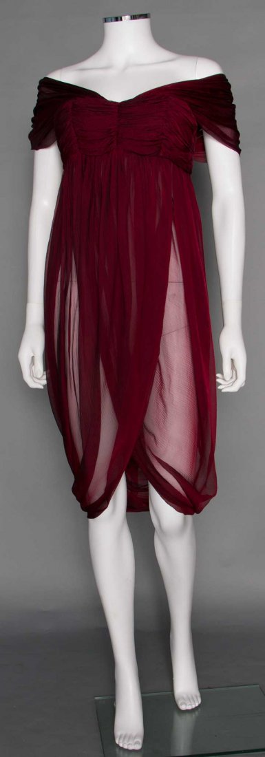 McQUEEN CHIFFON EMPIRE DRESS, A-W 2008: From "The Girl Who Lived In A Tree" autumn-winter 2008 collection: burgundy chiffon plisse, wide shoulder straps, gathered bandeau bodice, a-symmetrical gathered skirt, 2 floating back panels, woven b