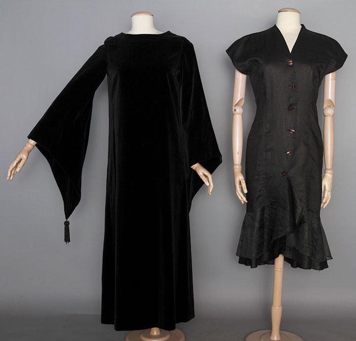 TWO YVES SAINT LAURENT DRESSES, 1970-1980s: Both black & labeled: 1 "Rive Gauche" velveteen gown w/ Renaissance style bell sleeve & tassel, marked French Size 40 (US 6), B 35", H 39", L 54.5"; 1 silk & linen cap sleeve afternoon dress w/ black 