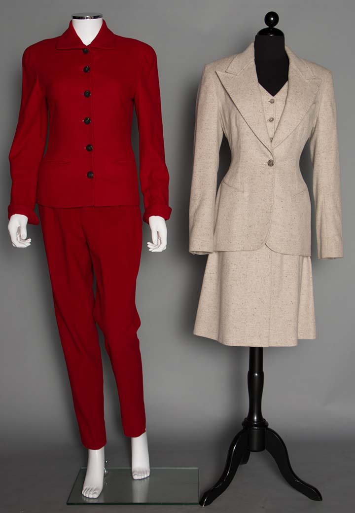 TWO LADIES' DESIGNER SUITS, 1990s: Both labeled: 1 Richard Tyler 3 piece skirt suit, oatmeal wool & angora, beige silk linings, single button jacket w/ hand done top stitching, 4 button vest, A line skirt w/ deep hem pleat, B 36", W 26