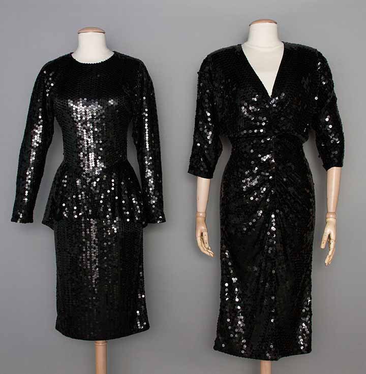 TWO OLEG CASSINI EVENING DRESSES, c. 1980: Both black, labeled & covered in large black sequins: 1 V neck, dolman sleeve, ruched front, deep V back, W 29", H 39", L 46", marked Size 8; 1 jewel neck sheath w/ drop waist peplum, B 34", W 25", L