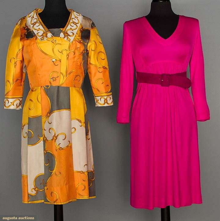 TWO PUCCI DAY DRESSES, 1965-1975: 1 white silk twill w/ apricot, grey & gold printed dress & cropped jacket, B 38", Raised W 30", L 39", labeled "Emilio Pucci Florence Italy"; 1 fuchsia silk jersey, empire, no label, wide fuchsia sued