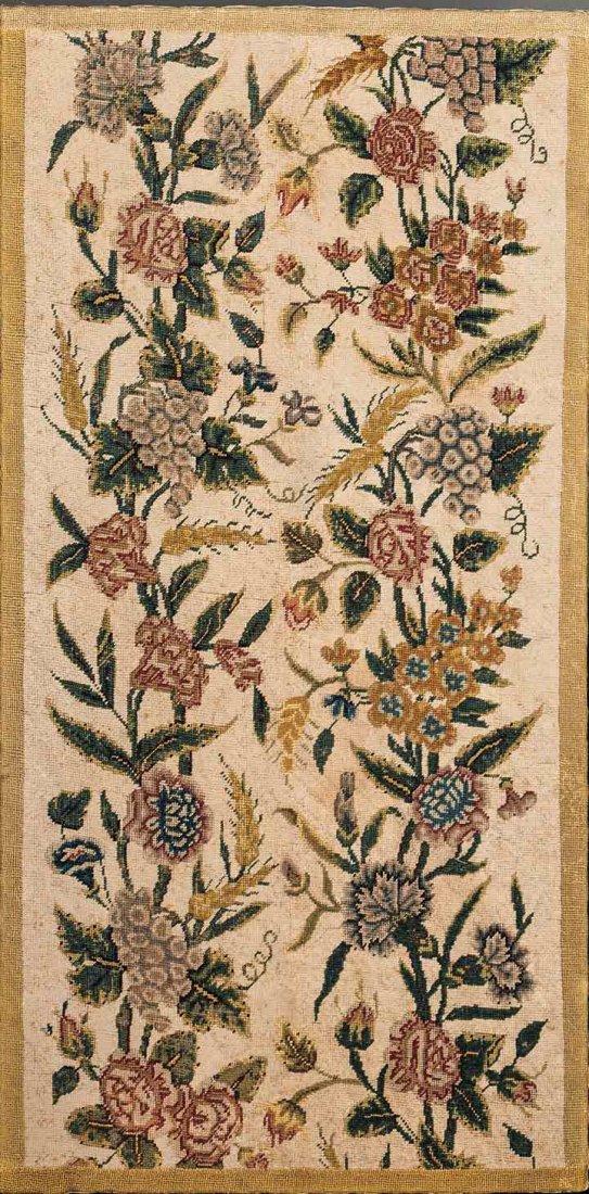 THREE NEEDLEPOINT PANELS, ENGLAND, 19TH C: Each panel 18" x 36", cream ground w/ flowers, grapes & wheat sheaves, narrow gold borders, (minor stains) very good.