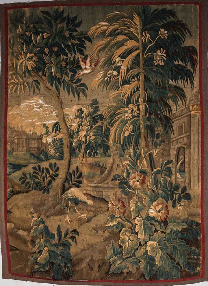 AUBUSSON SCENIC TAPESTRY, 19TH C: Pastoral country scene, 2 stone manors, birds, botanicals, 2 large trees & mountain back drop, 68" x 88", (major damage to mountains, flying bird, etc) fair.
