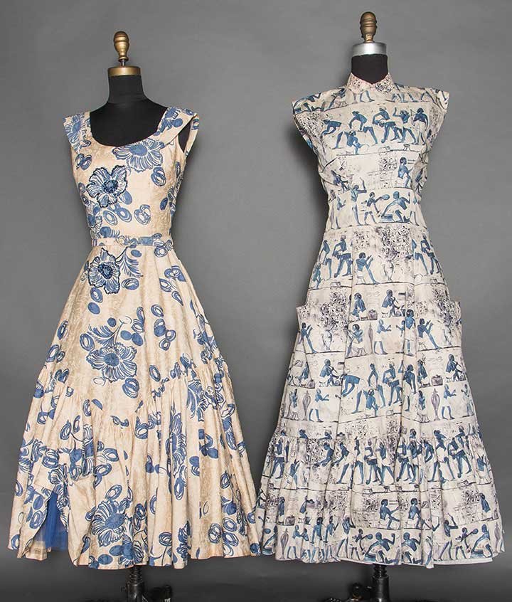 TWO COTTON PRINT DRESSES, 1950-1955: Both blue on white ground w/ full ruffle hem skirts: 1 floral sundress w/ sequin trim & belt, B 34", W 24", L 48", (1.5" above side zipper seam unstitched, couple very light stains) very good; 1 w/ Eg