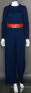 DONALD BROOKE BLUE JUMPSUIT, 1970s: "Boutique Donald Brooks" dark blue wool knit jumpsuit & wide red leather belt w/ large brass studs, CF zipper, B 34"-36", W 29"-31", Inseam 29", (belt soiled); t/w 1 "Pilar Rossi Couture" black silk