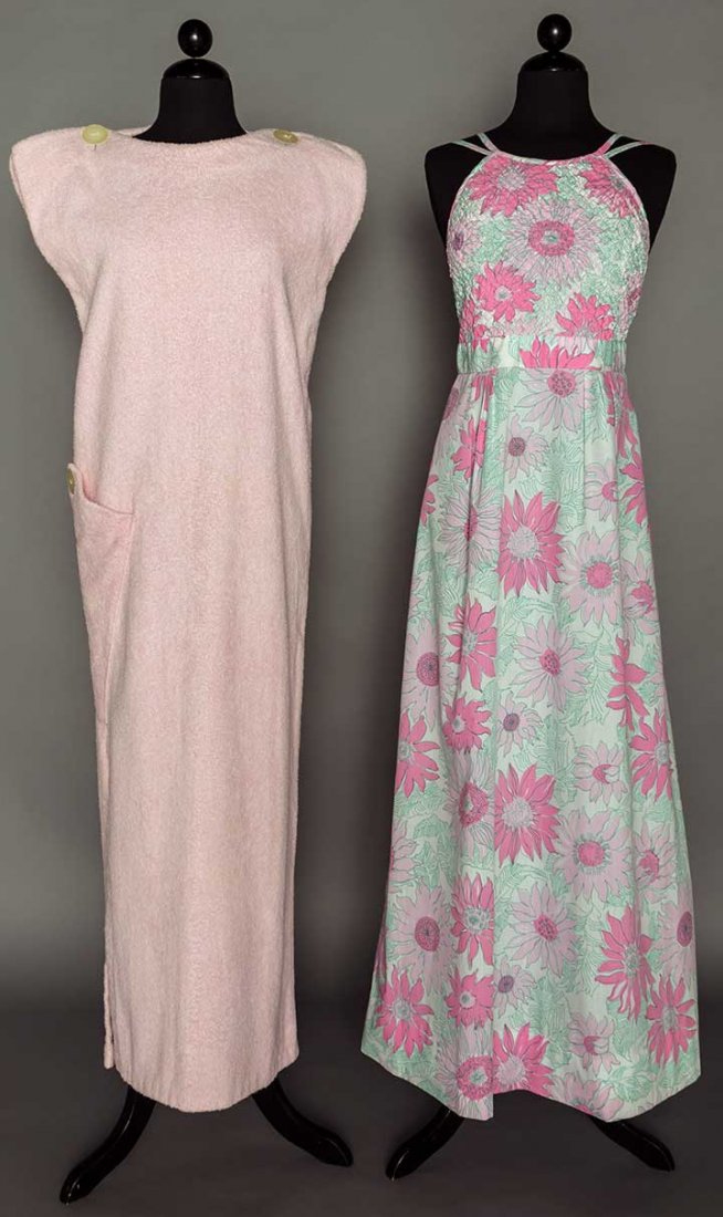 CARDIN & PULITZER LONG DRESSES, 1970s: 1 "Pierre Cardin" light pink terry cloth beach dress, cone shaped right hip pocket, B 34"-36", H 38", L 53"; 1 "Lilly Pulitzer" white cotton w/ pink florals sun dress, smocked bodice, matchine scarf, 