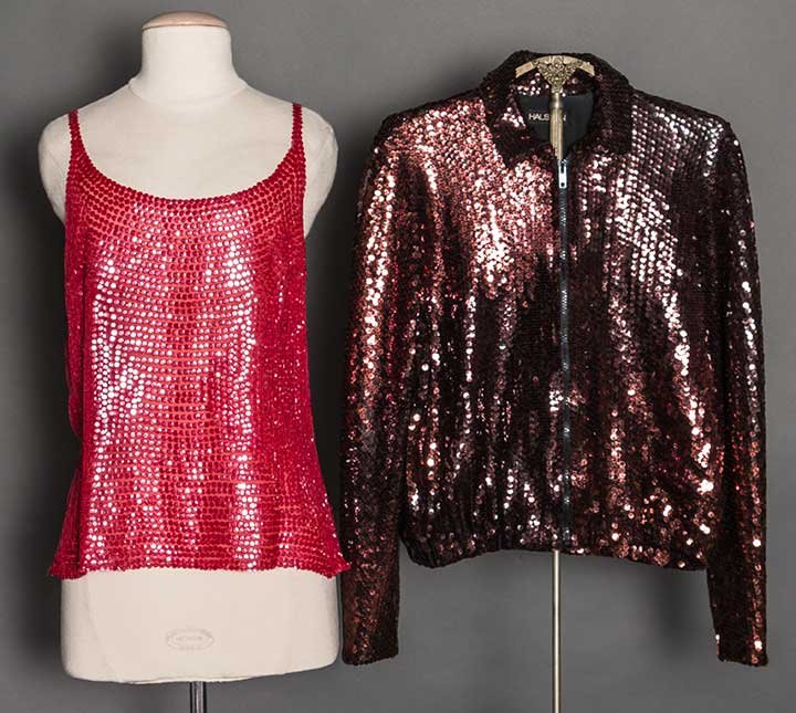 TWO HALSTON SEPARATES, 1970s: Both sequin covered & labeled: 1 red shell w/ sequins in horizontal rows w/ 1 inset block design, B 36", L 23"; 1 aubergine bomber jacket, small collar & CF zipper, B 36", L 21", (minor sequin losses)