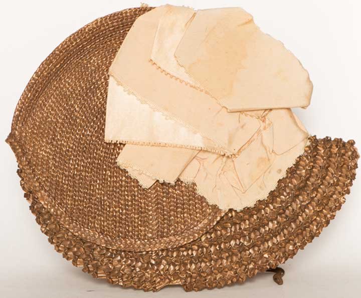 YOUNG GIRL'S STRAW BONNET, 1880s: Bonnet of dark straw braid, cream silk ribbons on peaked crown, bonnet has similar shape to a Spanish conquistador's, (1 small straw piece missing on brim edge) excellent; t/w 1 ladies small straw hat
