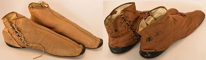 TWO PAIR LADIES' SIDE LACE BOOTS, 1850s: Both flats w/ linen linings: 1 pair tan wool w/ black leather toe caps & heel lifts, (1 shoe's fabric splitting along soles) fair; 1 pair brown cotton sateen w/ black patent leather heel lifts, (few s