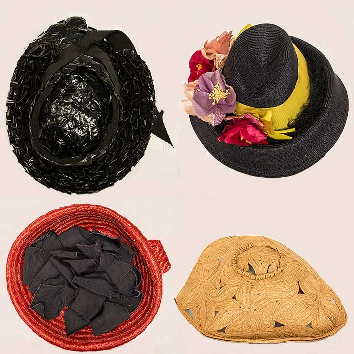 THREE LADIES' SUMMER "DOLL" HATS, 1940s: 1 red straw w/ navy ribbons; 1 navy straw w/ green band & colorful blossoms; 1 black raffia w/ pleated small brim, excellent; t/w 1 straw flower pancake hat, very good.