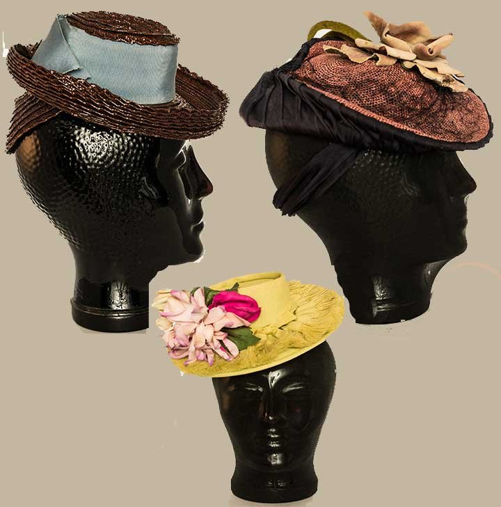 THREE LADIES' STRAW "DOLL" HATS, 1940s: 1 brown straw w/ blue ribbon trim; 1 lime green w/ pink blossoms; 1 dusty rose w/ navy lining & cloth magnolia blossom, very good-excellent; t/w 1 plaid "turban", excellent.