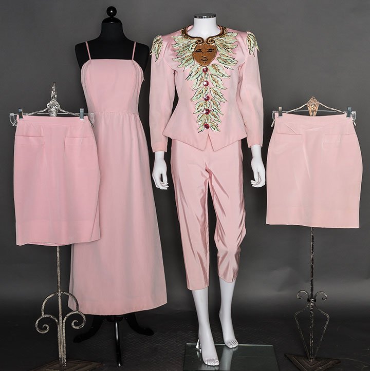 SAINT LAURENT EVENING ENSEMBLE, 1980s: 5 pink cotton & rayon faille interchangable pieces; jacket, slim cropped pants, 2 short pencil skirts & 1 evening dress, all labeled "Saint Laurent rive gauche" & FR size 34: fitted jacket elaborately