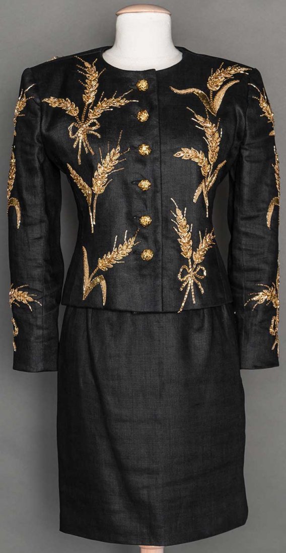 SAINT LAURENT GOLD BEADED SUIT, 1980s: Black linen fitted jacket & pencil skirt, gold beaded wheat sheaves on jacket, padded shoulders, 6 gold dome wrapped wire buttons, labeled & marked FR size 34, excellent.