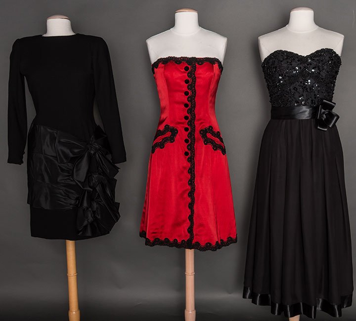 THREE BILL BLASS COCKTAIL DRESSES, 1990s: All labeled: 2 straples, 1 red corded silk w/ black lace trim, B 34", W 28" & 1 black silk chiffon w/ black beaded & sequined bodice, B 36", W 29"; 1 black wool, wrapped below W w/ wide silk ribbon &