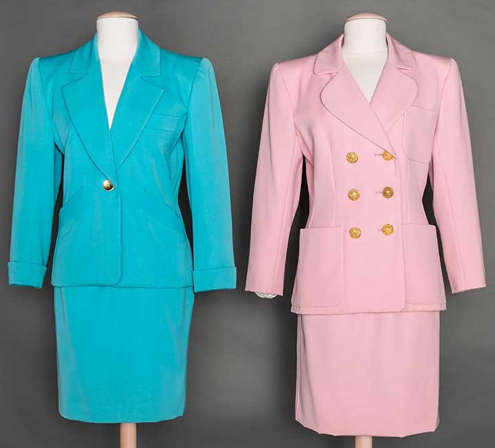TWO SAINT LAURENT SUITS: 1 PINK & 1 BLUE, 1980s: Both wool gabardine w/ pencil skirts, gold buttons & FR size 34: 1 double breasted pink w/ 3 patch pockets & 1 blue w/ 3 pockets, both excellent.