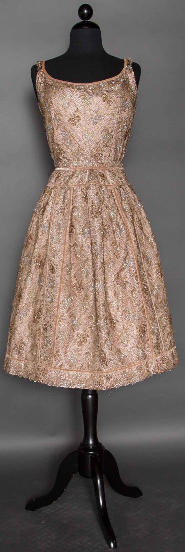 GOLD LACE & SEQUIN EVENING DRESS, 1950s: 2 piece orchid silk, covered w/ gold lace & irridescent sequins, shell bodice, B 36", W 26", Skirt L 27", unlabeled, Franco Bertoli, Milano, museum attribution, excellent. Museum De-Accession.