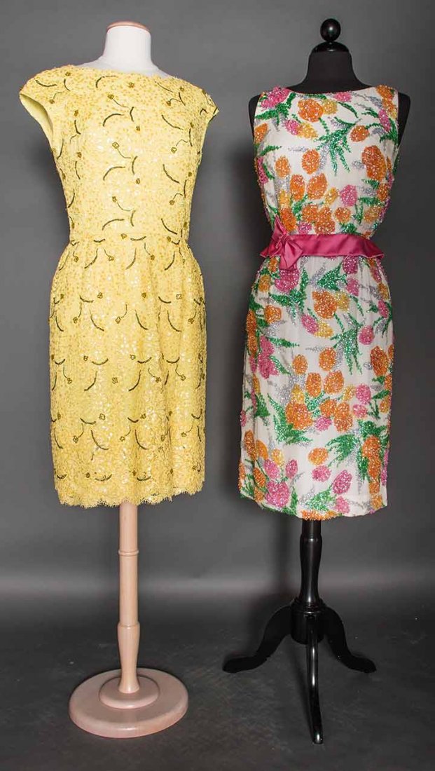 TWO SEQUIN COCKTAIL DRESSES, c. 1960: 1 white silk chiffon backed w/ white silk, water color print in orange, pink, green & gray, each blossom covered in matching sequins & beads, sleeveless, pink sash w/ bow at waist, B 36", W 27.5", H 4