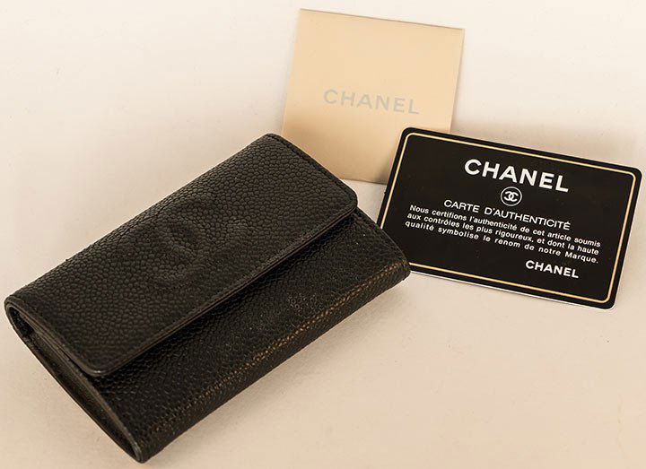 CHANEL WALLET & TWO TOTES, 1990s: 1 new Chanel black caviar leather unused wallet & original box, "Porte Cartes"; 1 Celine 1990s navy nylon & leather & 1 Ferragamo black gros grain w/ braided leather handle, excellent.