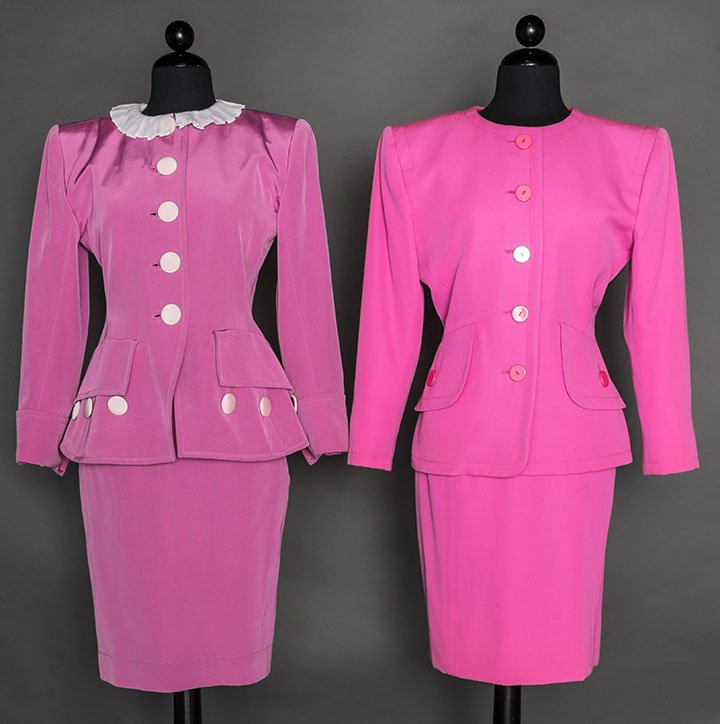 TWO SAINT LAURENT PINK SKIRT SUITS, 1980s: Both w/ similar styling, fitted, padded shoulder jackets w/ large hip pocket flaps & pencil skirts, labeled & marked FR size 34: 1 bubblegum pink wool & 1 light raspberry cotton blend w/ white frill c
