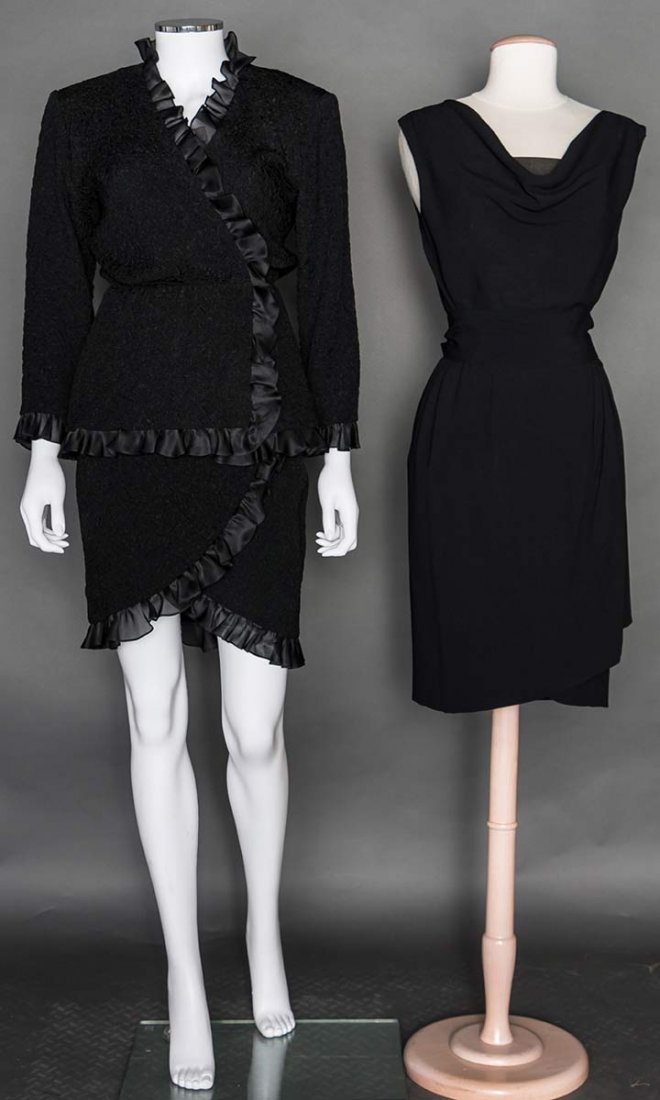 SAINT LAURENT SKIRT SUIT & DRESS, c. 1990: Both black 2-piece, labeled & marked FR size 34: 1 puckered rayon & viscose skirt suit, side wrap jacket, ruffled satin trim on jacket & short skirt; 1 silk cocktail dress, sleeveless & cowl neck, sas