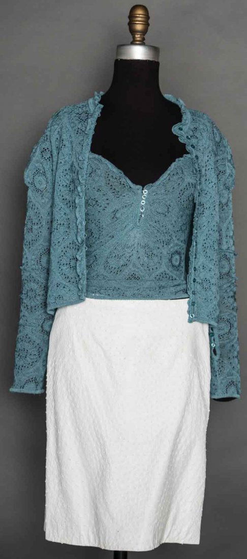 THREE DESIGNER GARMENTS, FRANCE & ITALY, 1990s: All labeled: 1 Galliano dusty blue rayon knit twin set, marked size S, excellent; 1 Celine short white ostrich leather skirt, FR size 38, excellent; 1 Versace ivory silk & linen skirt suit, double bre