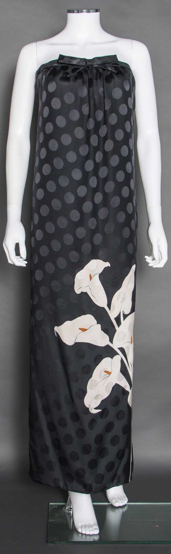 VALENTINO SILK PRINTED GOWN, 1970s: 1 "Valentino Boutique" strapless long sheath of black on black polka dots, printed w/ white calla lilies, B 34"-36", W 27", H 37", CFL 50", t/w 1 "Lanvin Boutique" print of colored blocks, long sleeve