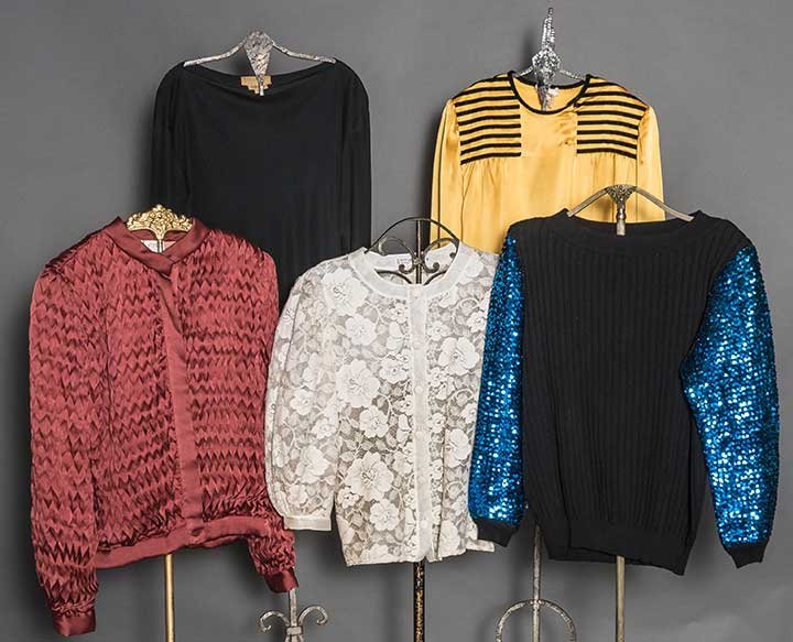 FIVE DESIGNER TOPS, ITALY & FRANCE, 1970-1990: All labeled: 2 French: 1 Guy Laroche white lace & orgundy blouse, FR size 40; 1 Saint Laurent black knit sweater w/ cobalt blue sequin sleeves, FR size 42; 3 Italian: 1 Pucci black silk knit T shirt,