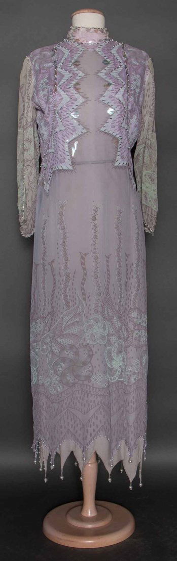 ZANDRA RHODES BEADED & PAINTED DRESS, 1970s: Pale lavendar chiffon long dress, painted print in pale aqua & purple, low cut out back, handkerchief hem, long sleeves, pearls, bugle beads & wing shaped paillette trims, lavender silk jersey underdr