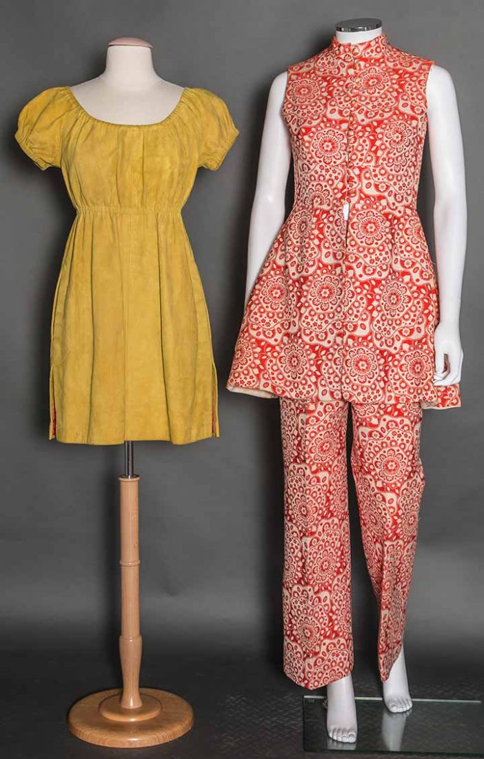 TWO DESIGNER GARMENTS, 1965 & 1970: Both labeled: 1 "Bonnie Cashin" mustard suede mini dress, empire bodice & short sleeves, B 34", Hi W 32", L 33", (leather needs cleaning) very good; 1 "Elizabeth Arden" white & tomato red cotton jacqu