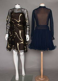 TWO CHIFFON COCKTAIL DRESSES, 1980-1990s: Unlabeled Bill Blass black w/ gold lame stripes, B 34"-36", W 25", L 40", (tiny fabric pull at neckline band) excellent; 1 navy "Travilla" w/ honey-comb smocked bodice, B 34"-36", W 24.5", L 36",