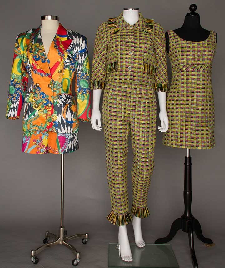 ANNA SUI & VERTIGO ENSEMBLES, EARLY 1990s: 1 "Vertigo" colorful print jacket & short shorts, jacket marked "Large", shorts W 27", excellent; 3-piece "Anna Sui" 1st collection ensemble of woven fuchsia, yellow, blue & black fabric c/o short jac