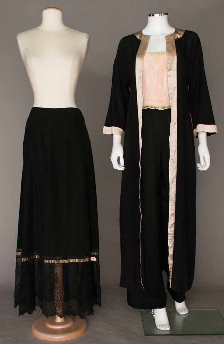 FOUR PIECES SILK LINGERIE, 1920-1930s: 3 1920-1930s: 1 pink camisole, B 32", W 22"; 1 pair black pj bottoms, Inseam 30", (elastic W stretched out); 1 black petticoat w/ Chantilly lace hem flounce, W 28", L 40"; 1 mid 20th C black "Pratesi"