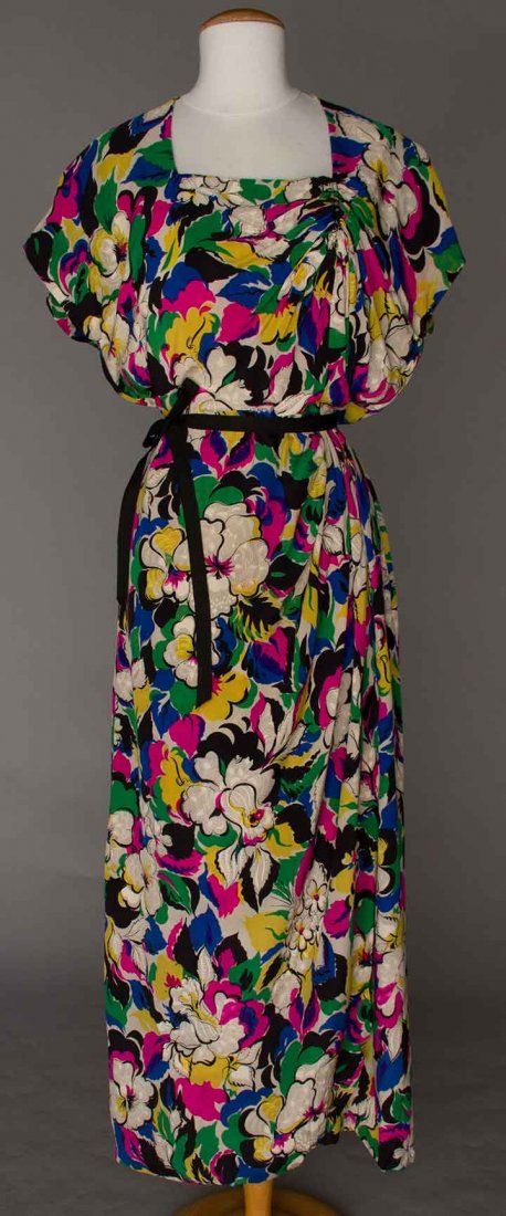 PRINTED SILK AFTERNOON DRESS, c. 1940 (1 of 6)