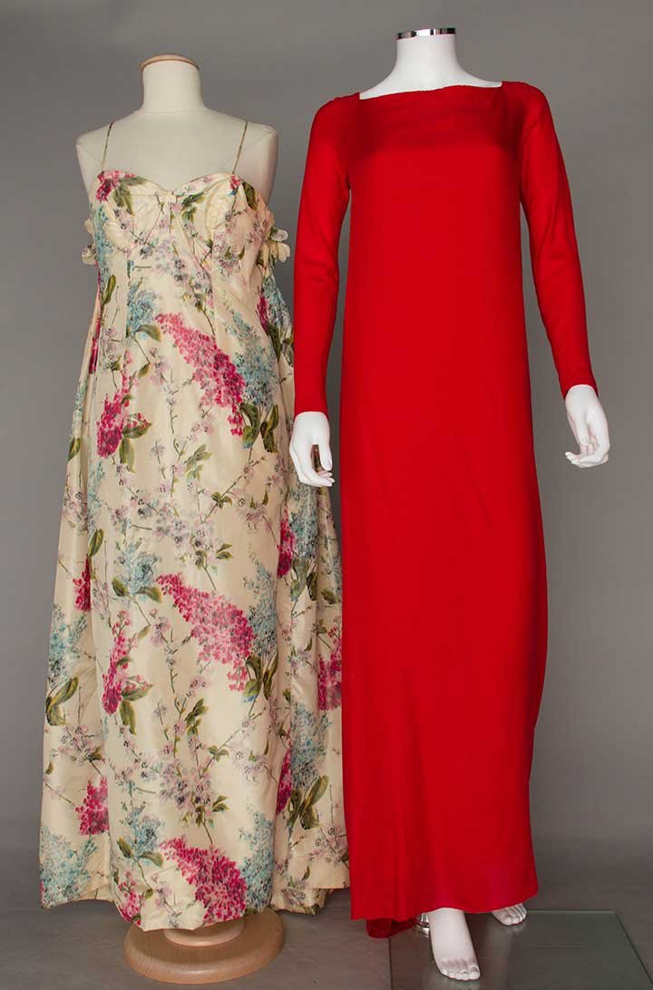 ONE RED & ONE PRINTED EVENING GOWN, 1950s & 1970s (1 of 9)