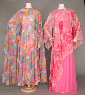 TWO AMERICAN DESIGNERS' PRINTED CHIFFON GOWNS, 1970s: 1 "Malcolm Starr" multi-color pastel print w/ attached cape, B 36"-38", W 28", H to 41", L 56", (brown spot by right hip seam); 1 "Travilla" dark & light pink w/ bell sleeves, B 36"-38", H to 39", L 6