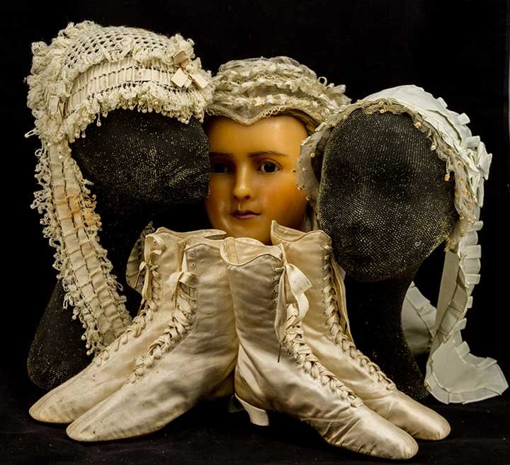 THREE BONNETS & TWO PAIR BOOTS, 1860-1870 (1 of 6)