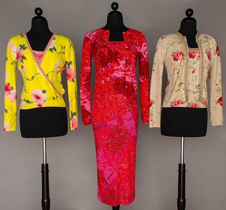 ANNA MOLINARI & BLUEMARINE SETS: All rayon & spandex: 1 "Anna Molinari" 3-piece red & pink floral print shell, cardigan & skirt, B 32"-36", W to 30, H to 40", Skirt L 27.5"; 2 "Blumarine" sweater sets, B 32"-36": 1 beige w/ red rose