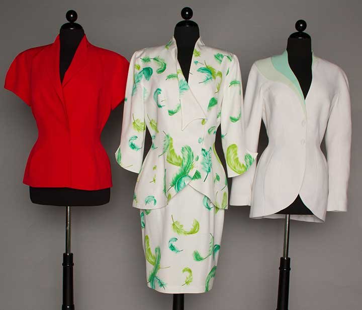 THIERRY MUGLER SUIT & TWO JACKETS, 1980-1990s: 1 green feather printed on white silk skirt suit, FR Size 42, excellent; 1 fitted white jacket w/ 2-tone green shoulder inserts, FR Size 36, (left shoulder w/ large light stain) very good; 1 red crepe