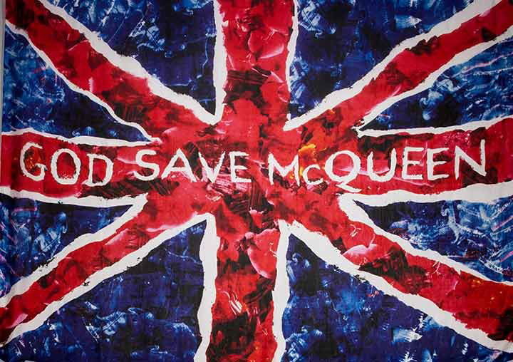 "GOD SAVE McQUEEN" MEMORIAL SCARF, A-W 2011: Deadstock, UK flag w/ "God Save McQueen" script, original hang tag, 50" X 70", pristine; t/w 2 Missoni zig zag pattern wool scarves & 1 Etro red dyed fox fur scarf, excellent.