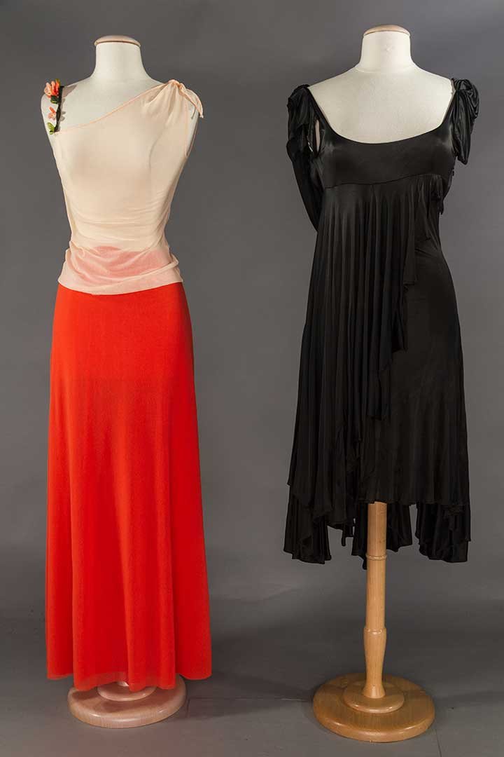 GAULTIER & CAVALLI DRESSES, 1990-2000: "Jean Paul Gaultier" synthetic mesh coral skirt & pink camisole, marked M, excellent; 1 "Just Cavalli" black long dress w/ several draped scarves & panels, handkerchief hem, IT size 40, FL 39", BL 48"
